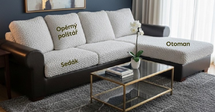 Sedačka s označenými sedáky, opěrnými polštáři a otomanem